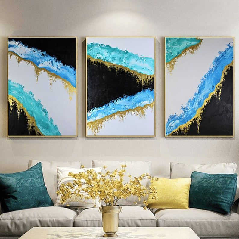 3 Piece Wall Art Canvas Turquoise Acrylic Painting On Canvas | Etsy